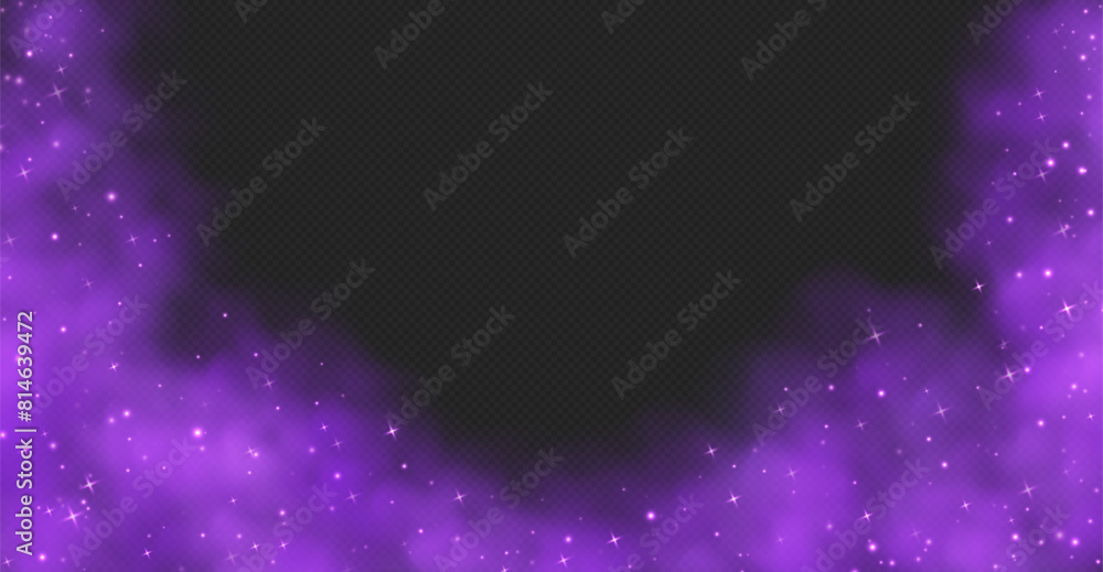 Purple magic smoke with stars and sparkles, fog with glowing particles, colorful vapor with star dust. Fantasy haze background. Vector illustration.