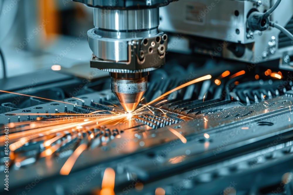 The CNC milling machine cutting the sheet metal with the sparking light. The hi-technology mold and die manufacturing process The CNC milling machine cutting the sheet metal with the sparking light. The hi-technology mold and die manufacturing process