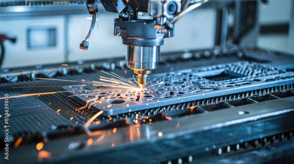 The CNC milling machine cutting the sheet metal with the sparking light. The hi-technology mold and die manufacturing process The CNC milling machine cutting the sheet metal with the sparking light. The hi-technology mold and die manufacturing process
