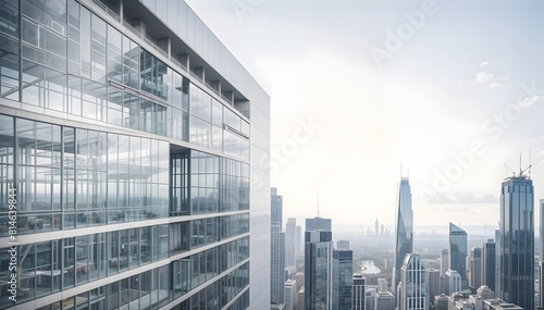 Exterior of a multi-story office building against the backdrop of other skyscrapers