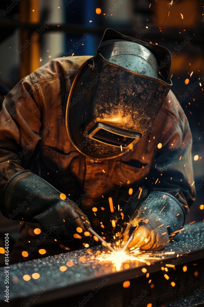 Welder working with protective mask welding metal in the factory. Metalwork manufacturing and construction concept Welder working with protective mask welding metal in the factory. Metalwork manufacturing and construction concept