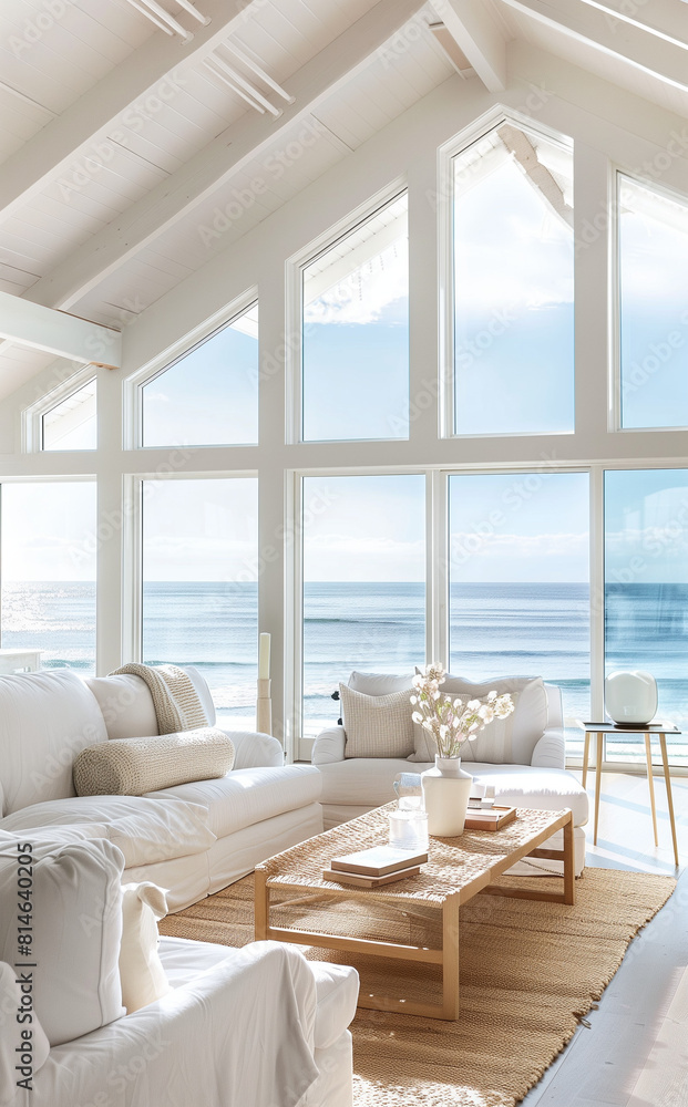 Fototapeta premium Light-filled living room with vaulted ceilings and panoramic ocean views, styled as a coastal retreat with large windows. 
