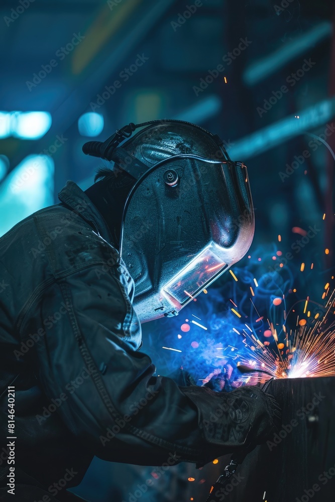 Welder working with protective mask welding metal in the factory. Metalwork manufacturing and construction concept Welder working with protective mask welding metal in the factory. Metalwork manufacturing and construction concept