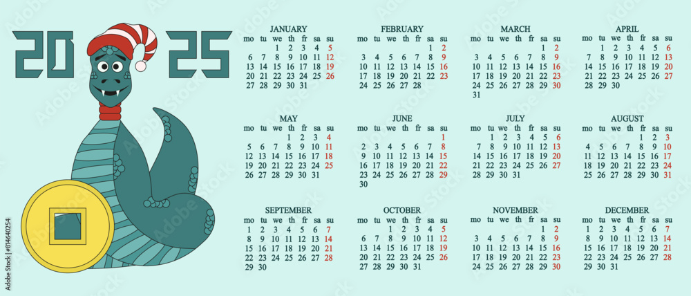 2025 Calendar template design with Chinese Zodiac 2025 New Year symbol