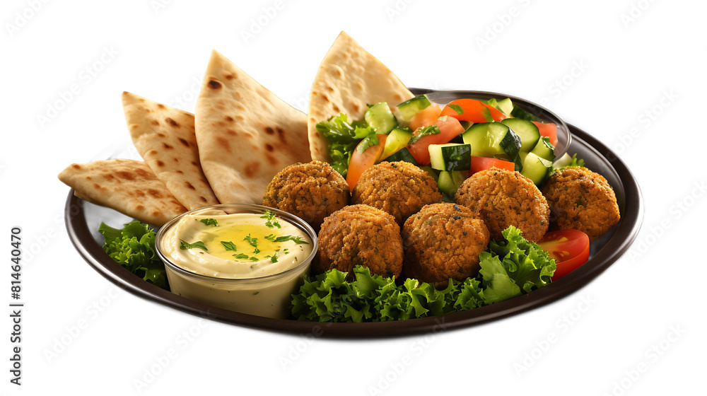 A falafel platter with hummus, tabbouleh, and pita bread and a transparent background. A falafel platter with hummus, tabbouleh, and pita bread and a transparent background.