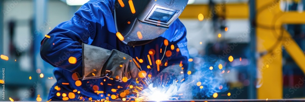 Welder working with protective mask welding metal in the factory. Metalwork manufacturing and construction concept Welder working with protective mask welding metal in the factory. Metalwork manufacturing and construction concept