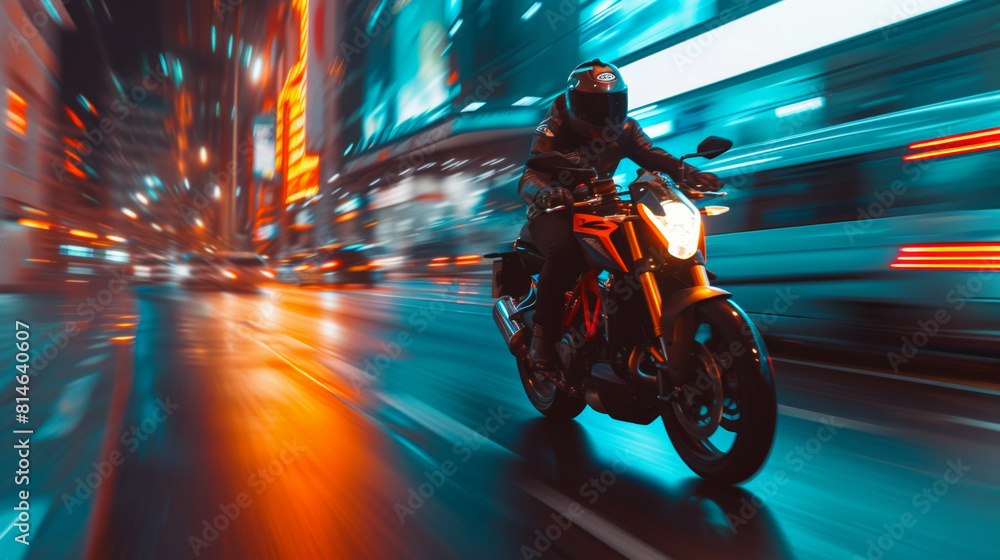 Motorcycle rider in helmet and gear racing at high speed on the nighttime background with motion blur