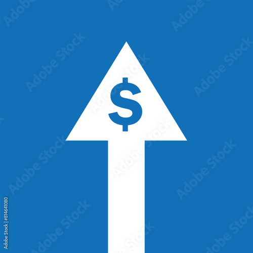 big arrow pointing up with dollar symbol represents wealth increases blue background photo