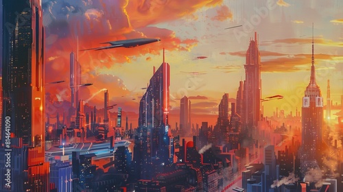 Futuristic cityscape at sunset with flying cars and vibrant neon lights
