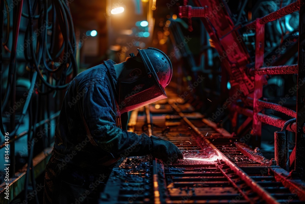 Welder working with protective mask welding metal in the factory. Metalwork manufacturing and construction concept Welder working with protective mask welding metal in the factory. Metalwork manufacturing and construction concept