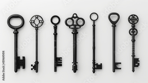 Aesthetic set of 3d different old vintage door keys on white clean background, minimalism concept. Generative AI © AngrySun