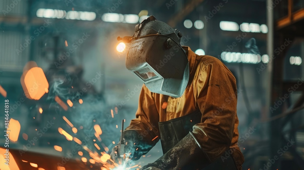 Welder working with protective mask welding metal in the factory. Metalwork manufacturing and construction concept Welder working with protective mask welding metal in the factory. Metalwork manufacturing and construction concept
