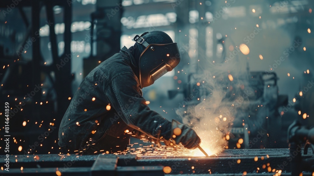 Welder working with protective mask welding metal in the factory. Metalwork manufacturing and construction concept Welder working with protective mask welding metal in the factory. Metalwork manufacturing and construction concept