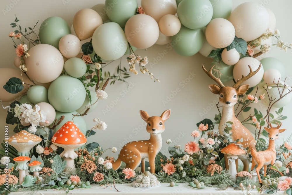 A table with a bunch of balloons and deer and mushrooms A table with a bunch of balloons and deer and mushrooms