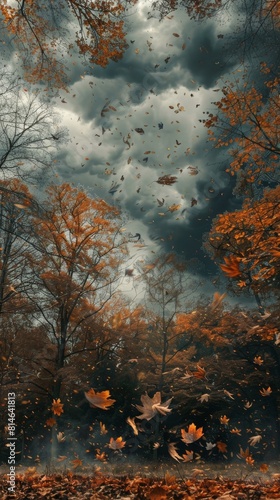 The image depicts a dense forest with an abundance of leaves covering the ground. The sky above is cloudy, casting shadows over the forest canopy.