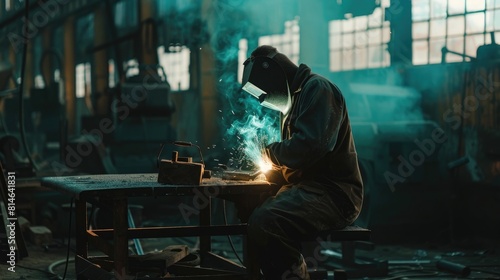 Welder working with protective mask welding metal in the factory. Metalwork manufacturing and construction concept