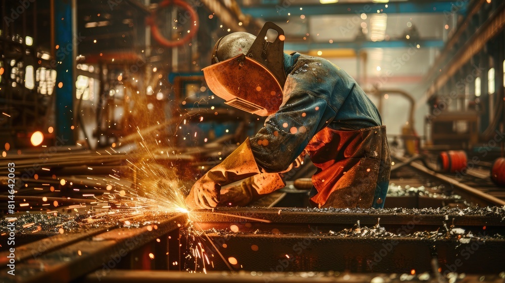 Fototapeta premium Welder working with protective mask welding metal in the factory. Metalwork manufacturing and construction concept