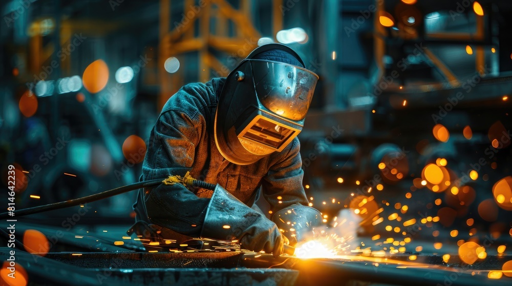 Welder working with protective mask welding metal in the factory. Metalwork manufacturing and construction concept Welder working with protective mask welding metal in the factory. Metalwork manufacturing and construction concept