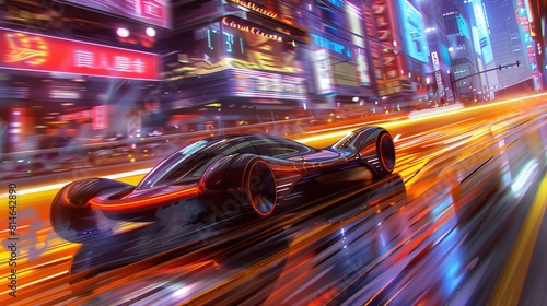 Futuristic race car speeding through a neon-lit cityscape  vibrant and dynamic