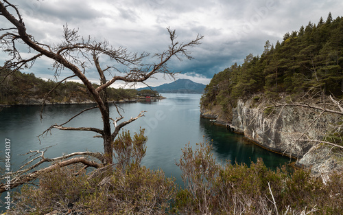 Obraz na płótnie Landscape of fjords and mountains in Norway on a rainy day w salonie