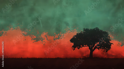 Juneteenth background with red green sky and silhouette of a tree 