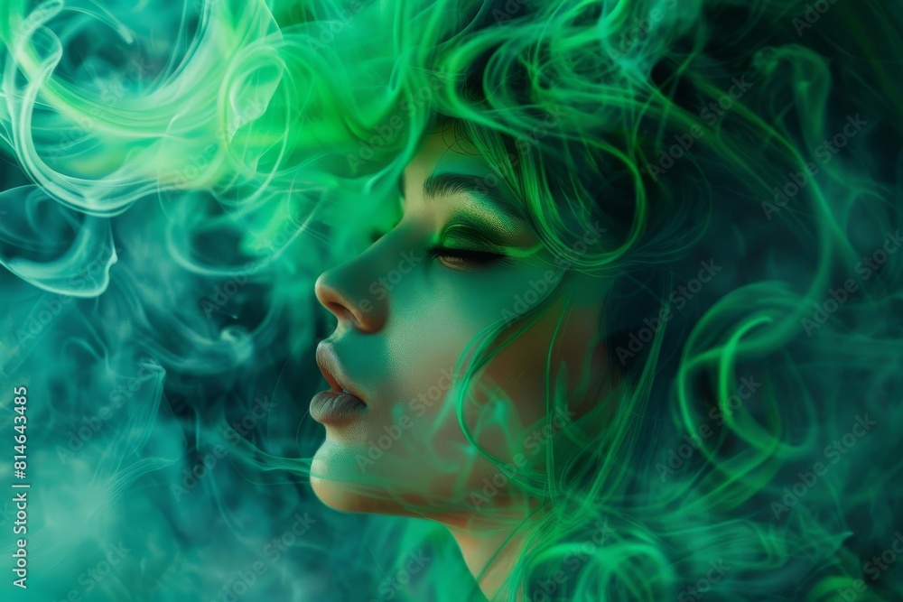 mysterious woman with vibrant green hair enveloped in swirling smoke moody neon portrait