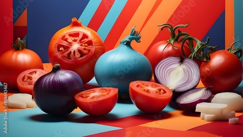 A surreal and abstract interpretation of a cut onion and tomato, with geometric shapes and bold colors creating a visually stunning image. photo