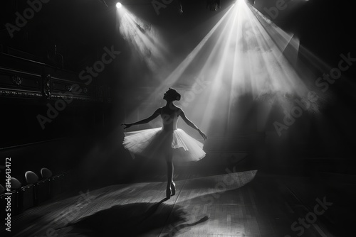 A ballerina in a white tutu is dancing on a stage. She is surrounded by spotlights. The image is in black and white. © Nathakorn