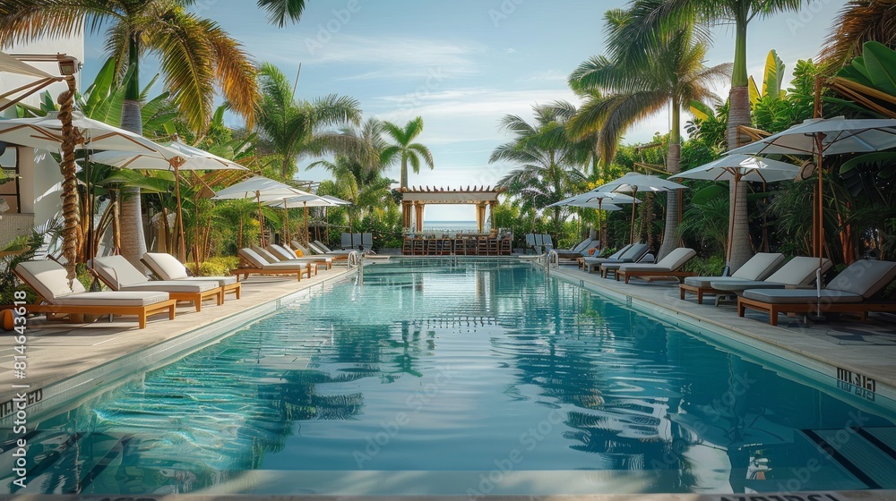 An outdoor pool bar is the focal point of long pool in the Beach. luxury hotel pool. lush vegetation and very tall palm trees. Generative AI.