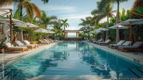 An outdoor pool bar is the focal point of long pool in the Beach. luxury hotel pool. lush vegetation and very tall palm trees. Generative AI.