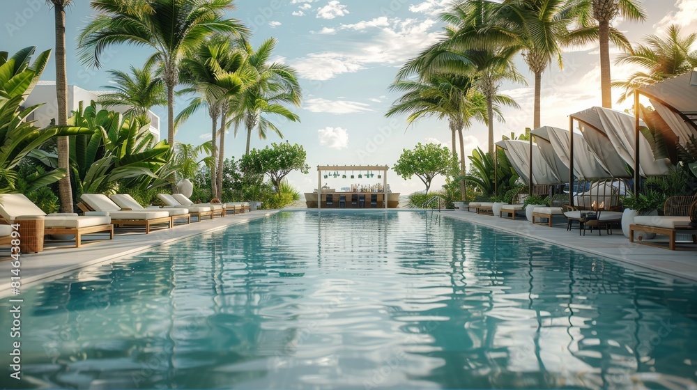 An outdoor pool bar is the focal point of long pool in the Beach. luxury hotel pool. lush vegetation and very tall palm trees. Generative AI.