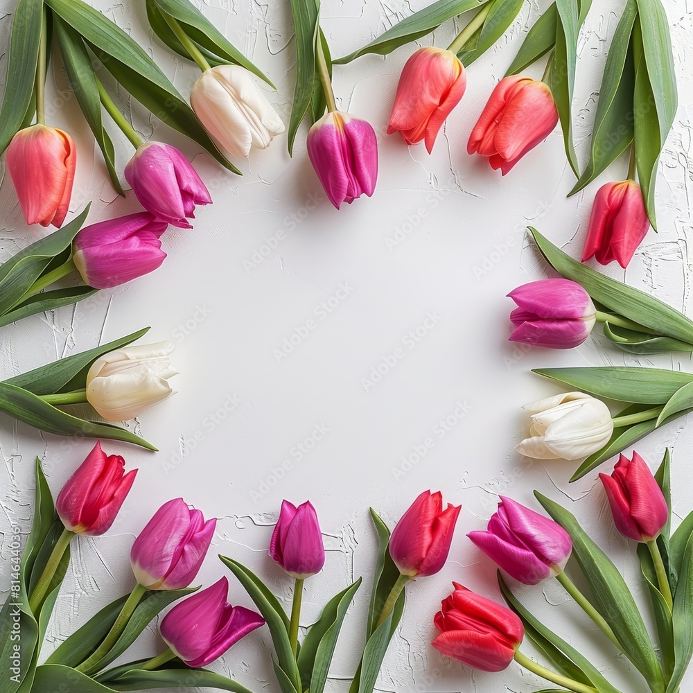 A bouquet of flowers with pink, white, and red tulips arranged in a circle A bouquet of flowers with pink, white, and red tulips arranged in a circle