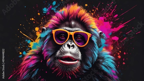adorable orangutan wear headphone and sunglasses wtih neon art illustration © farzand01
