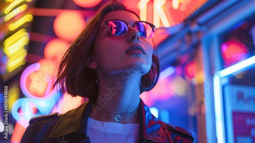 Woman amidst dazzling neon lights