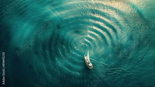 a boat of some kind is sailing in the water patterns, aerial view, long distance and deep distance,