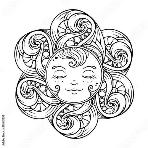 Black and white ornamental sun mandala coloring page.