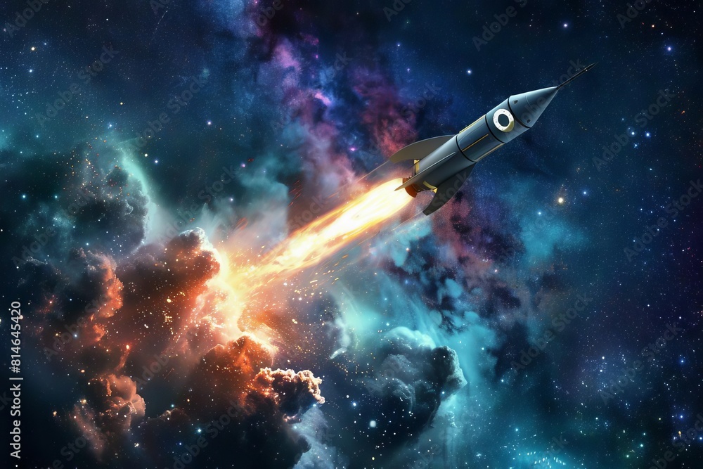 rocket soaring through a starry sky leaving a trail of smoke and flames space exploration concept illustration rocket soaring through a starry sky leaving a trail of smoke and flames space exploration concept illustration