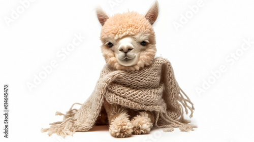 Adorable alpaca wearing a cozy knitted scarf isolated on white background, cute animal. © Andrey