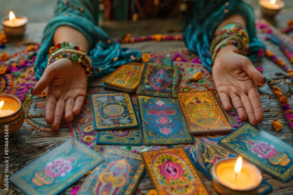 Naklejka premium A woman is sitting at a table with a deck of tarot cards and candles