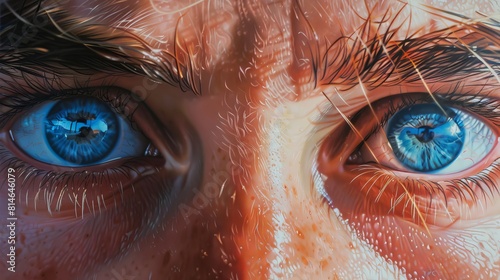 Hyperrealistic close-up portrait of a person with intense blue eyes