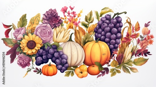 Generative AI Feminine sticker art set portraying a cornucopia centerpiece in an atmospheric watercolor style  filled with harvest produce and adorned with cottagepunk elements.