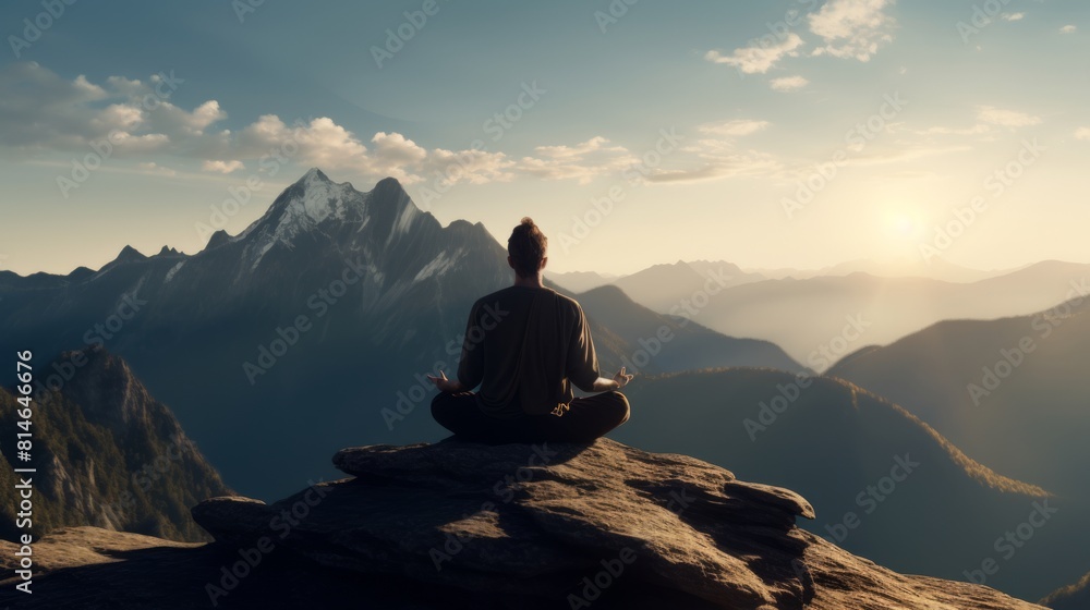 Generative AI A serene yogi practicing meditation atop a mountain peak, surrounded by breathtaking vistas.