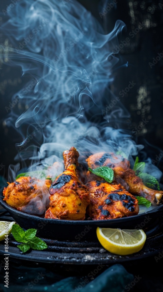 Smoke billowing from a plate of chicken wings with lemon wedges. Indian food. Vertical background 