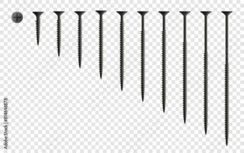 Set of self-tapping screws isolated on transparent background. Universal black steel screws. Realistic 3d Vector illustration