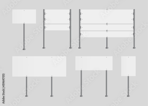 Realistic Blank Signboards on Roads. White Blank Boards and Traffic Road Signs. Vector Illustration