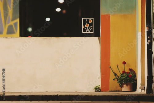 Colorful urban night scene with potted plants