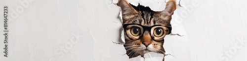 A cute cat looks through a ripped hole, a white paper background, and wearing glasses comes out tearing the colorful paper. Generated by AI