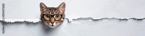 A cute cat looks through a ripped hole, a white paper background, and wearing glasses comes out tearing the colorful paper. Generated by AI
