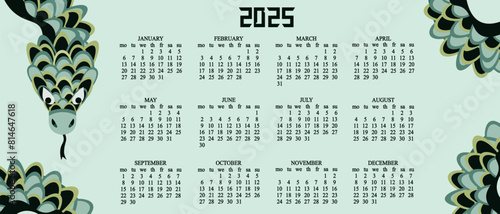 Horizontal Vector 2025 Calendar design with Chinese New Year luna symbol in trendy Asian Geometrical style. Abstract green Snake and 2025 Calendar template.