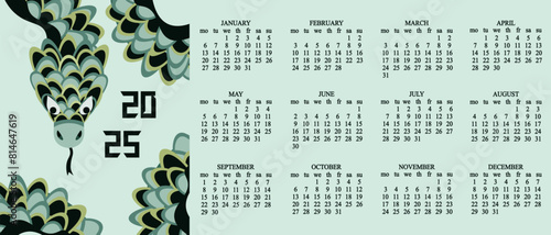 Horizontal Vector 2025 annual Calendar design with Chinese New Year luna symbol in trendy Asian Geometrical style. Abstract Geometry green Snake and 2025 Calendar template.